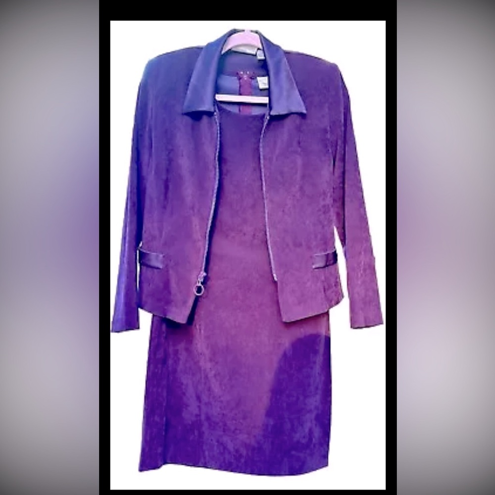 VTG Worthington Made in USA Plum Velour Dress w/Collared Zip up Jacket 10 Petite